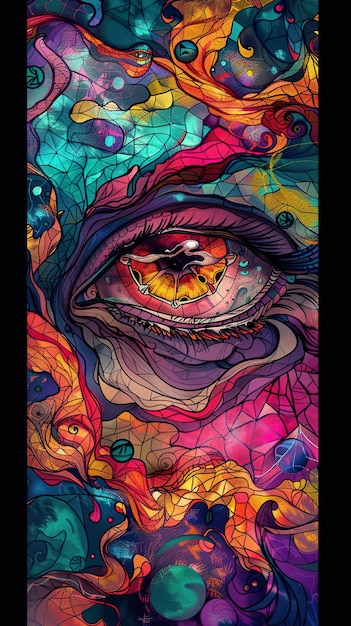 a painting of a womans eye with a colorful background