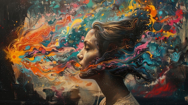 A painting of a womans face in profile with colorful abstract shapes and patterns surrounding her h