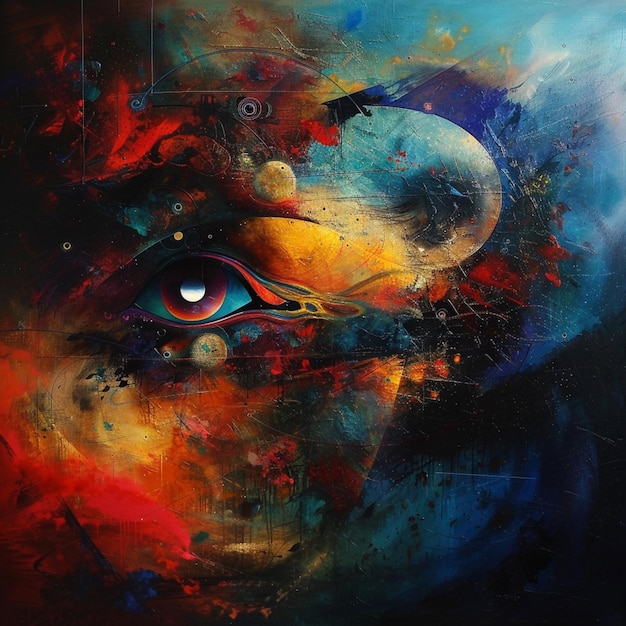 painting of a womans face with a blue eye and a red and blue background generative ai