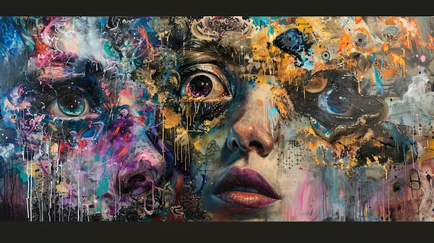 a painting of a womans face with a lot of different colors