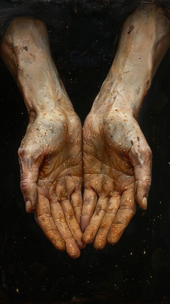 a painting of a womans hands with the hands holding a piece of wood