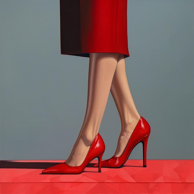 Painting of a womans legs in red shoes on a red platform generative ai