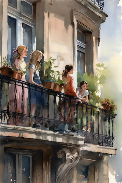 A painting of women on a balcony with pots of plants.