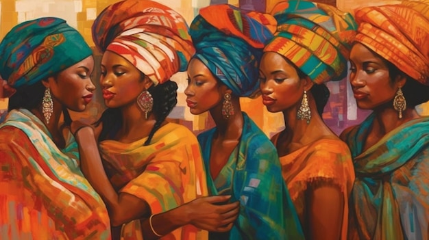 A painting of women in colorful turbans