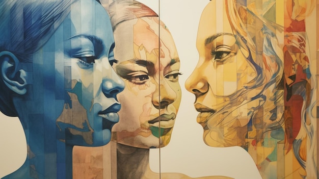 A painting of women with different colored faces.