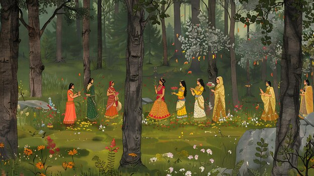 Photo a painting of women in the woods with a woman in a dress with the word  hija  on it