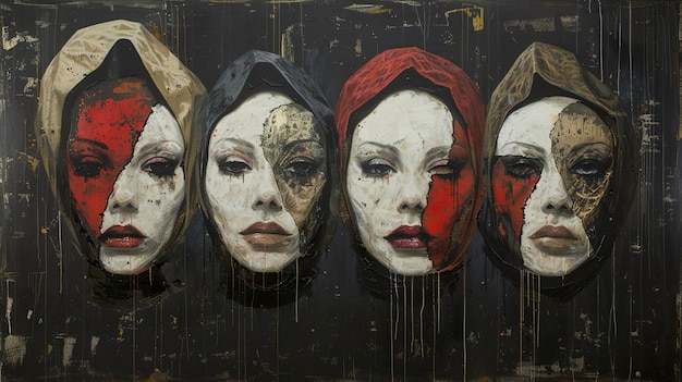 a painting of womens faces with their heads covered in red cloths