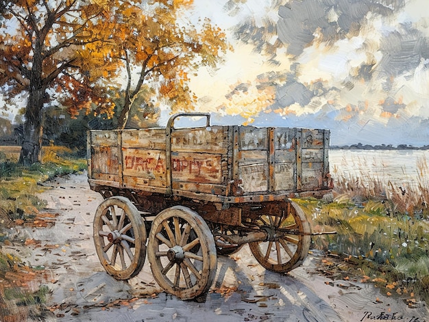 Photo a painting of a wooden cart with the word soccer on it