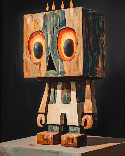 Photo painting of a wooden robot with two eyes and a face generative ai