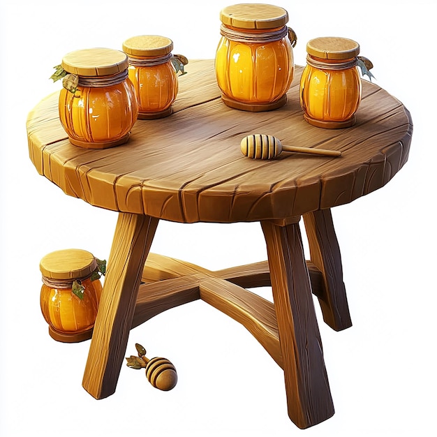 Photo a painting of a wooden table with jars of honey on it