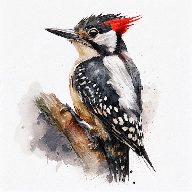 A painting of a woodpecker with a red patch on its head