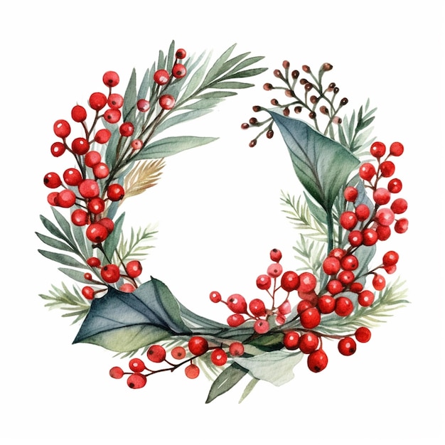 a painting of a wreath of red berries and green leaves generative ai