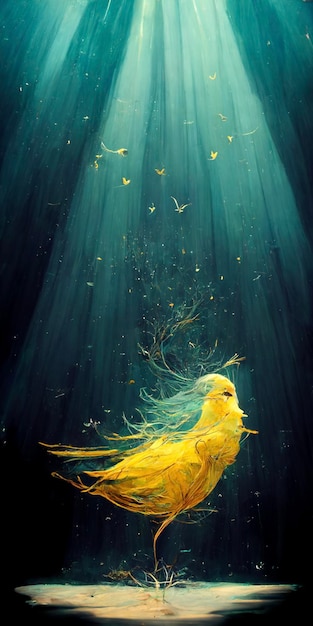 Painting of a yellow bird flying through the air