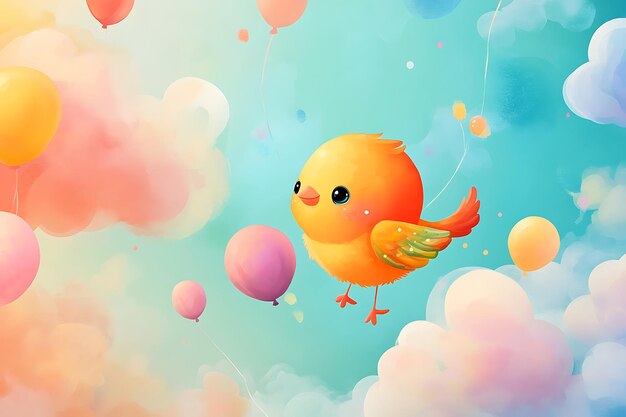 Photo a painting of a yellow bird with balloons in the background