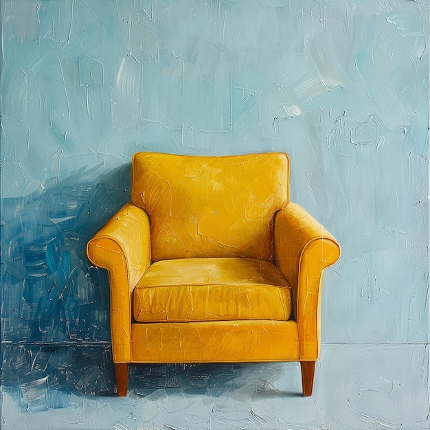 a painting of a yellow chair with a blue background and a blue wall behind it