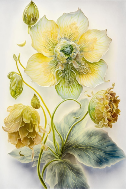 Painting of a yellow flower with green leaves generative ai