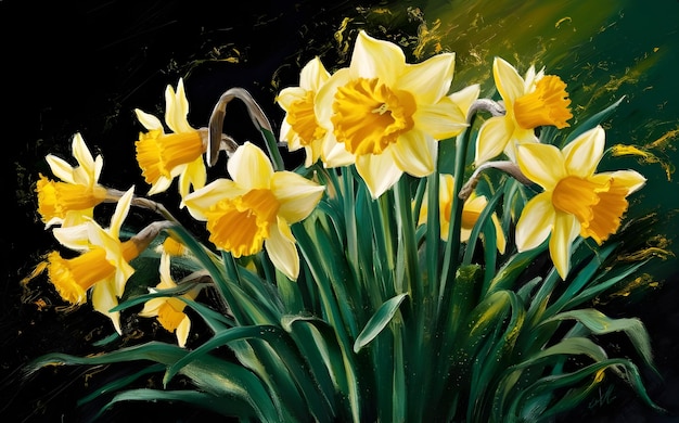 Photo a painting of yellow flowers with a green background