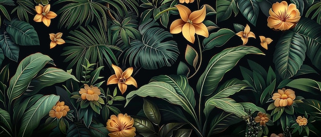 a painting of yellow flowers with green leaves