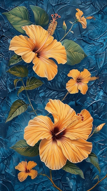 painting of a yellow hibise flower with green leaves on a blue background generative ai