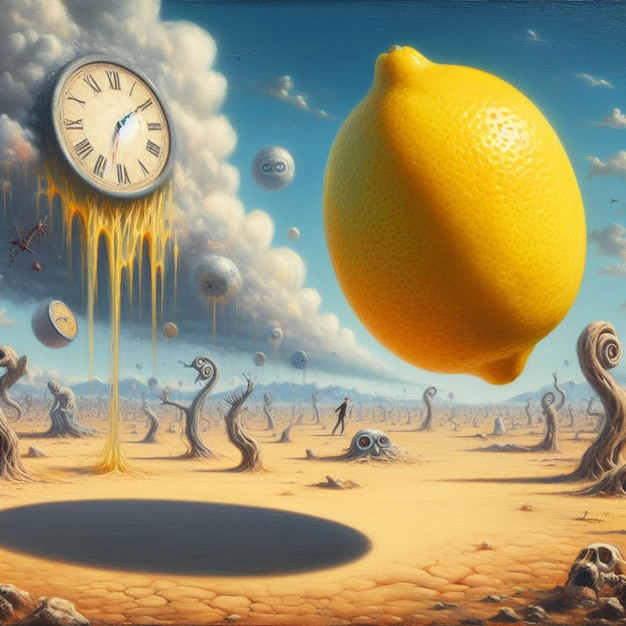 a painting of a yellow lemon and a clock with the words  bees  on it