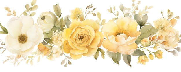 a painting of yellow roses with green leaves and white flowers