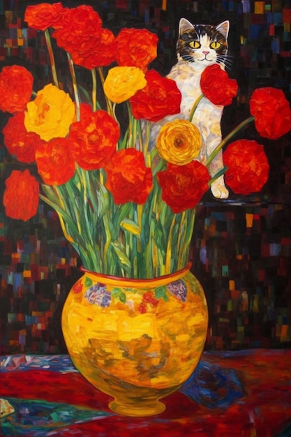 A painting of a yellow vase with red and yellow flowers in it.