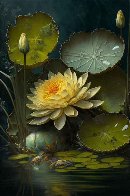 Painting of a yellow water lily in a pond generative ai