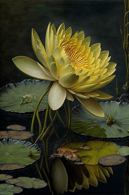 Painting of a yellow water lily in a pond generative ai