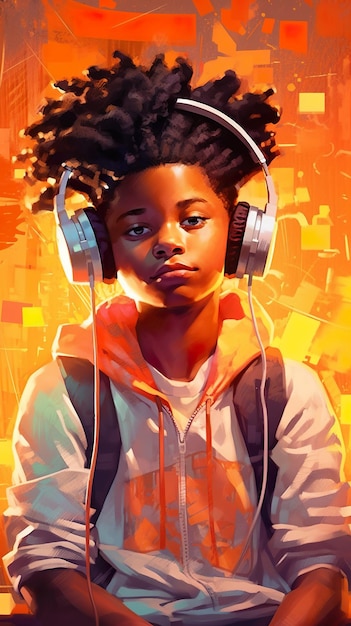 A painting of a young boy with headphones on generative ai image