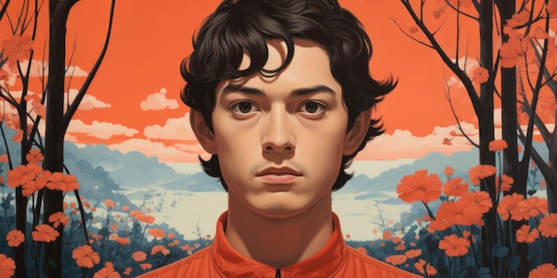 A painting of a young man with black hair and red shirt ai