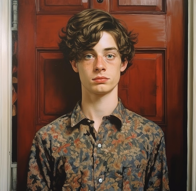 A painting of a young man with curly hair and a floral shirt.