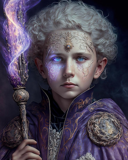 A painting of a young man with a magic wand in purple and blue.