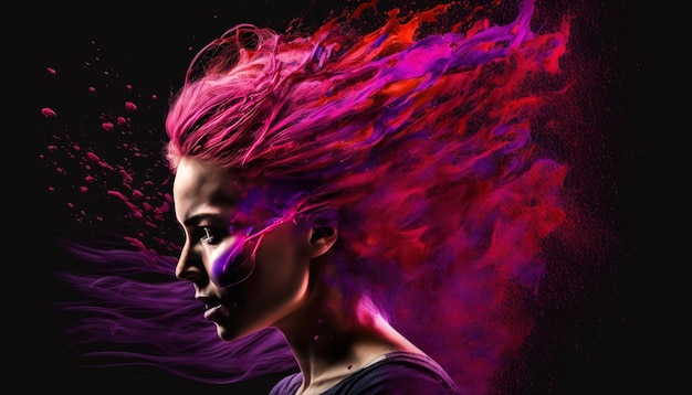 Painting of a young woman with flying hair colors