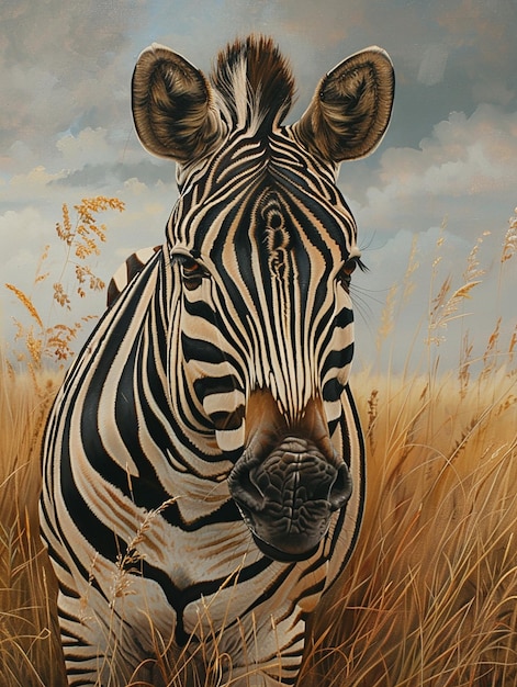 a painting of a zebra in a field of tall grass