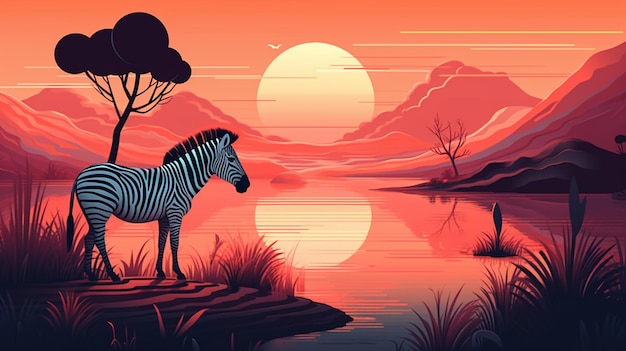 A painting of a zebra standing in front of a lake.