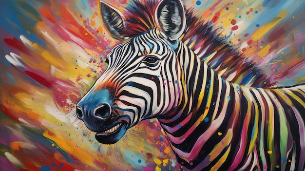 A painting of a zebra with colorful stripes.