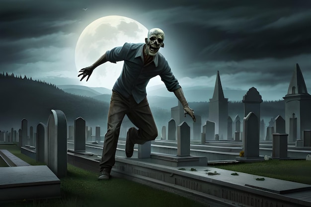 Painting of a zombie running through a cemetery with a full moon in the background