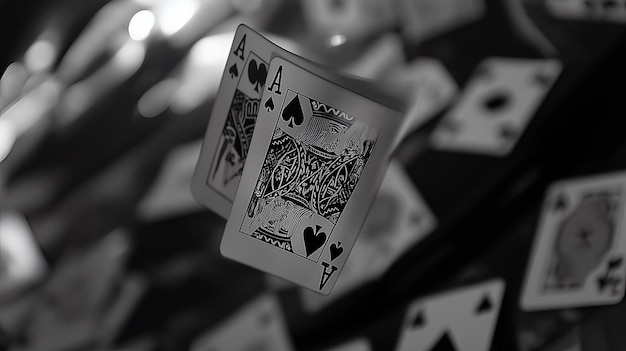 A pair of Ace of Spades cards floating in midair with outoffocus playing cards in the background