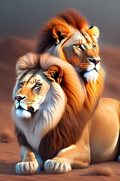 Pair of adult Lions Majestic African loving lion couple Mighty wild animal