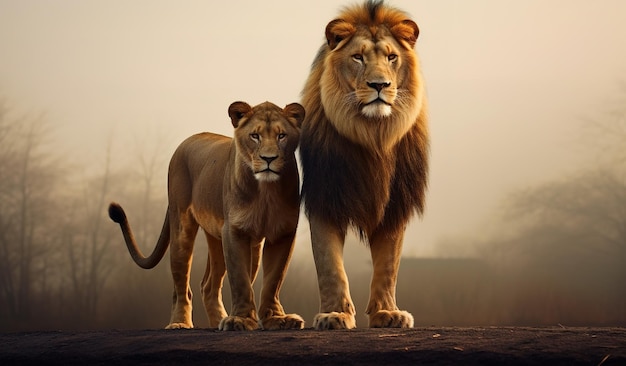 Pair of adult lions in the zoological garden