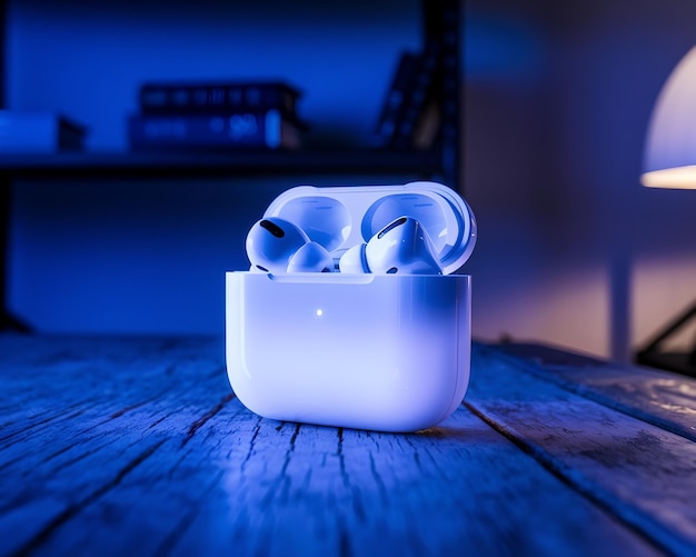 Photo a pair of airpods pro are displayed on a wooden table with a library in the background