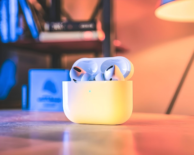 Photo a pair of airpods pro are displayed on a wooden table with a library in the background