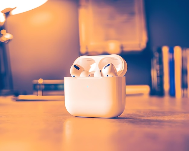 Photo a pair of airpods pro are displayed on a wooden table with a library in the background