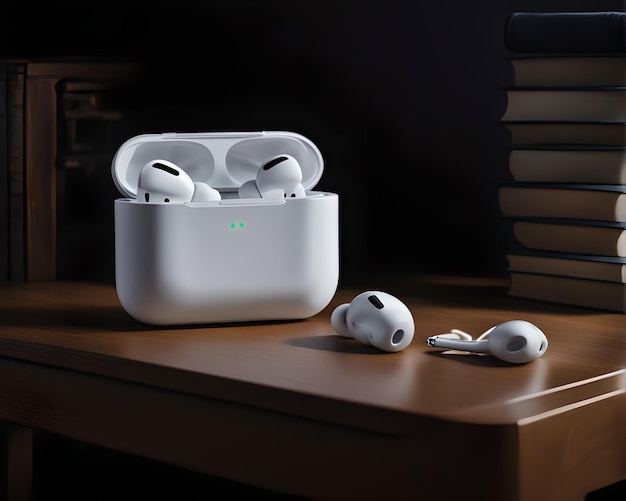 Photo a pair of airpods pro are displayed on a wooden table with a library in the background