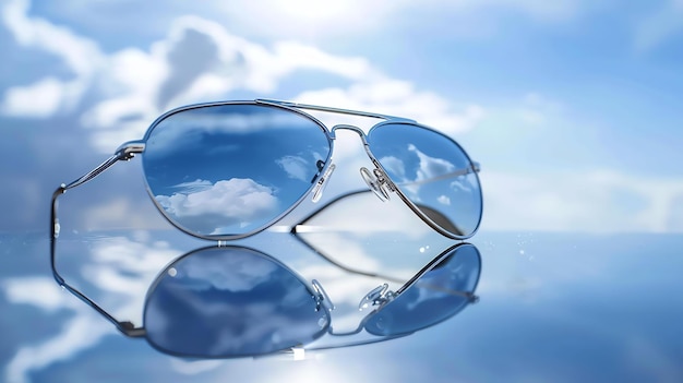 A pair of aviator sunglasses reflecting the blue sky and white clouds