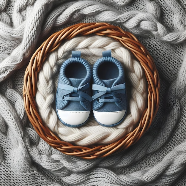 a pair of baby shoes are in a basket with a woven basket