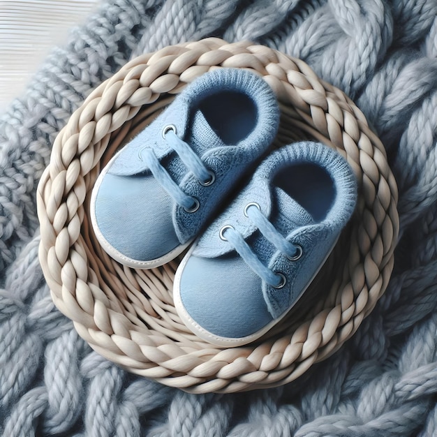 a pair of baby shoes are on a woven mat