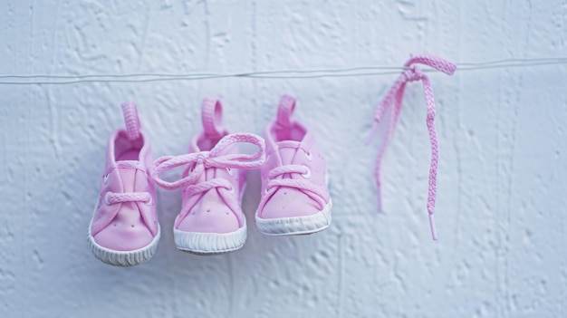 Photo a pair of baby shoes hanging on a wall with a ribbon tied around them