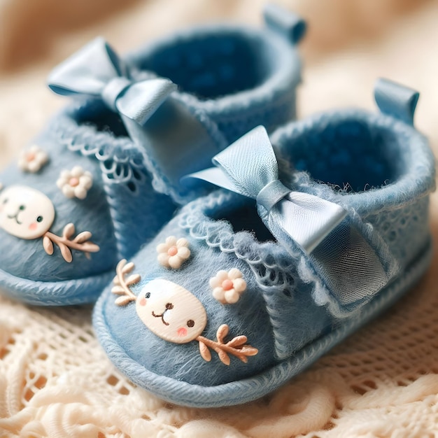 a pair of baby shoes with a blue bow on them