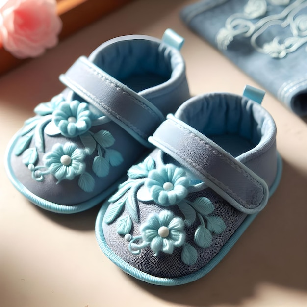 Photo a pair of baby shoes with flowers and a blue ribbon